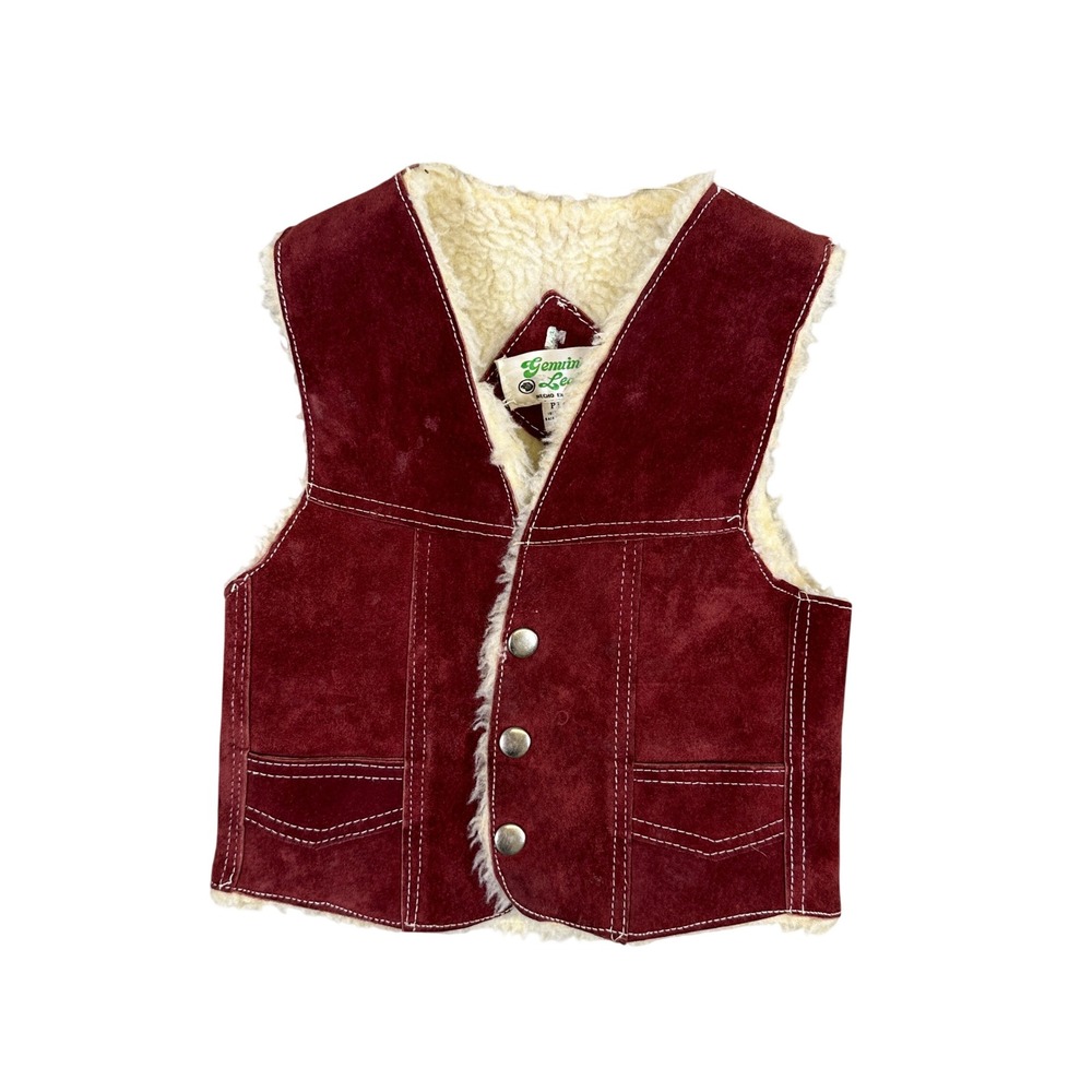 Vintage Genuine Leather Burgundy Suede Faux Shearling Lined Vest Kids Small